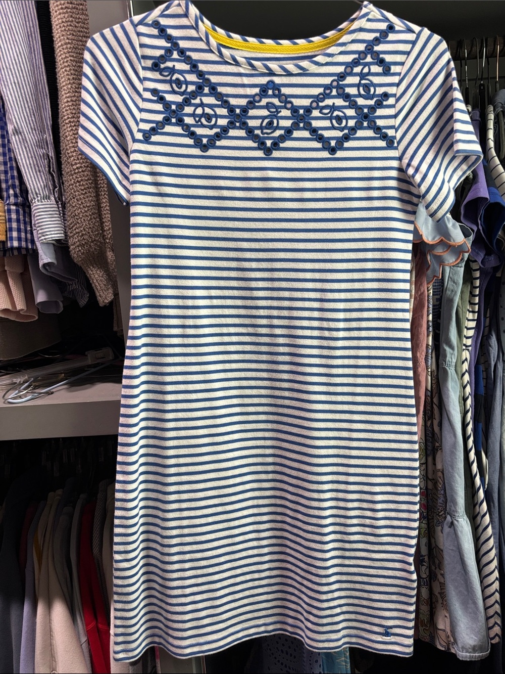 Joules Blue and White Striped Embroidered Neck T-Shirt Dress